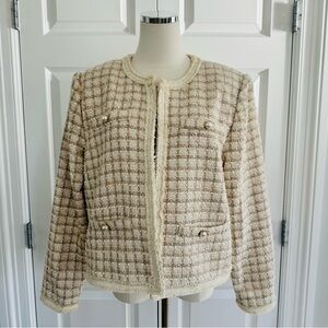 Tahari Cream Gold Metalic Threads Plaid Tweed Old Business Money Jacket Size XL